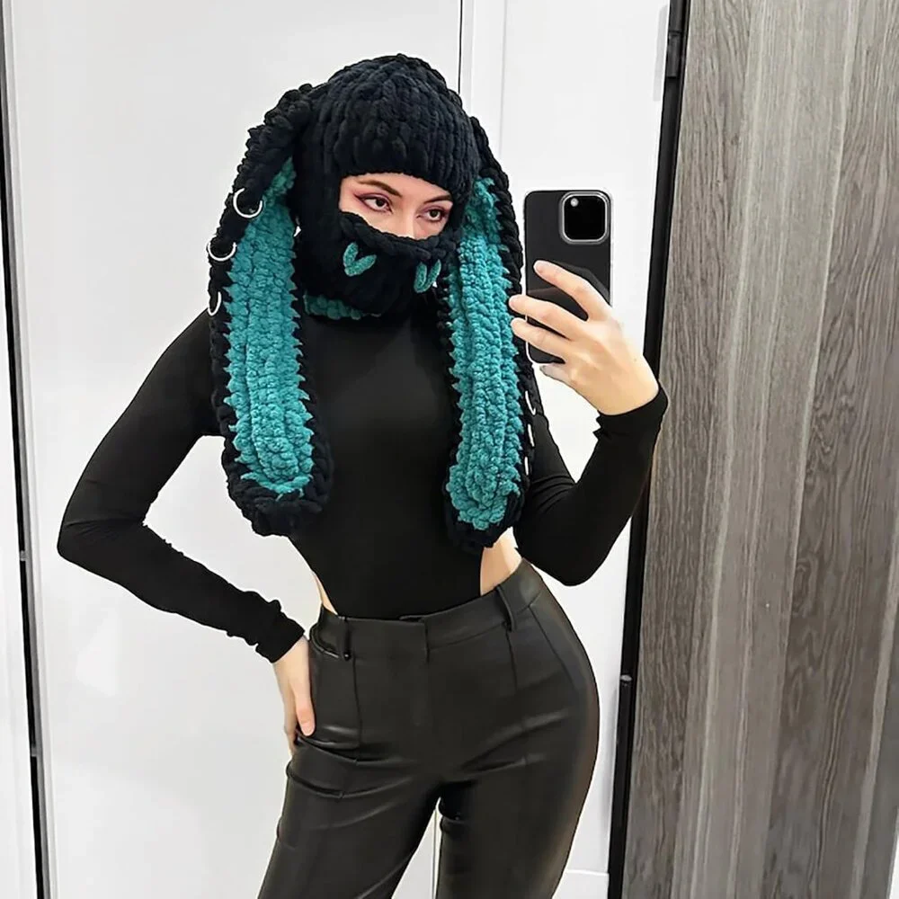 Women's Black Dark Green Bunny Hat Knit Plush Long Ears Fluffy Cosplay Party Hat - Picture 3 of 4